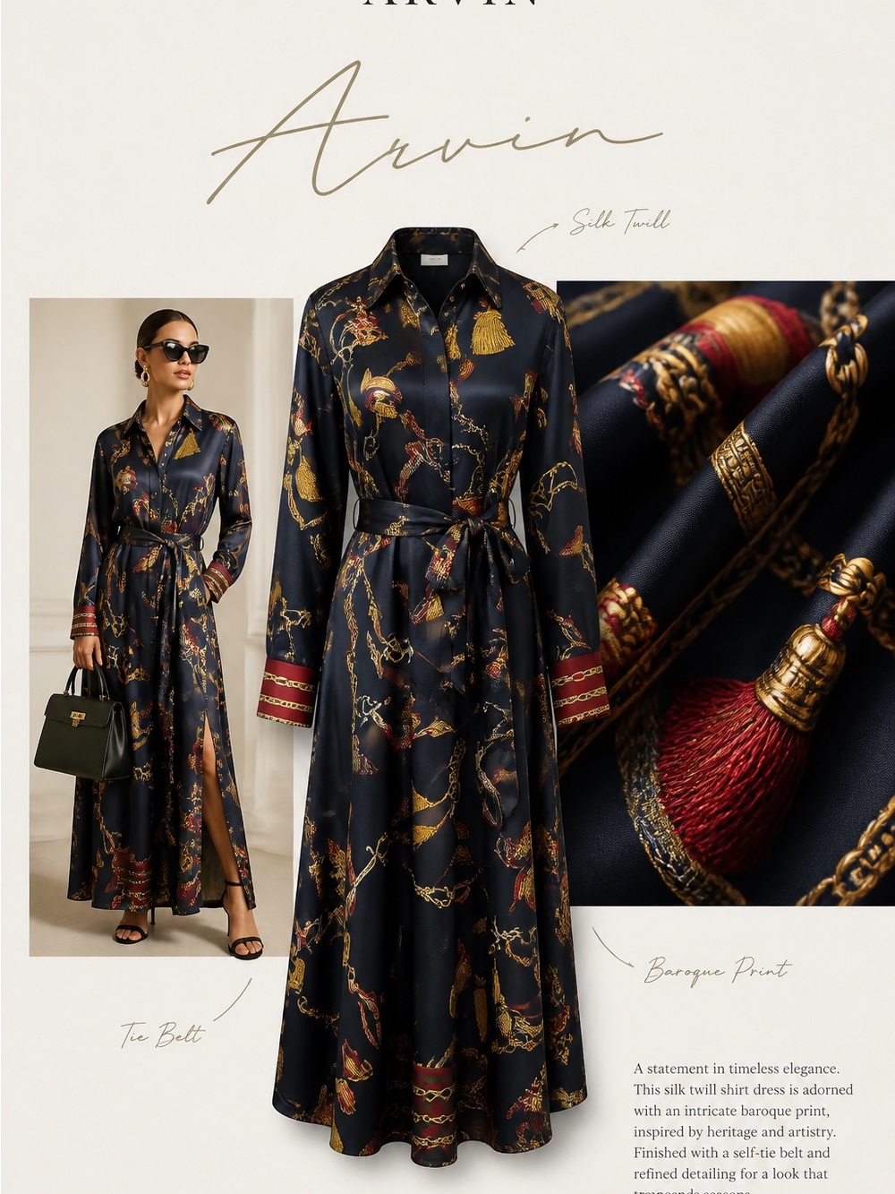 Silk-Twill Baroque Print Maxi Shirt Dress - Navy/Gold